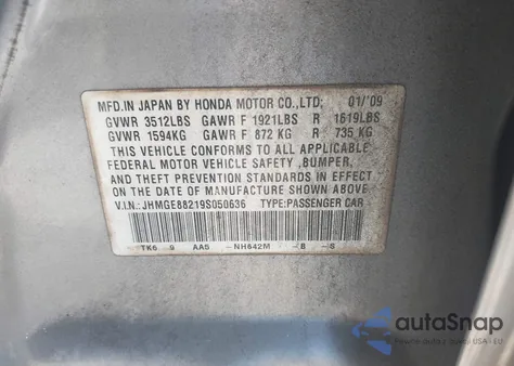 2009 Honda Fit z USA, uszkodzony, nr VIN JHMGE88219S050636